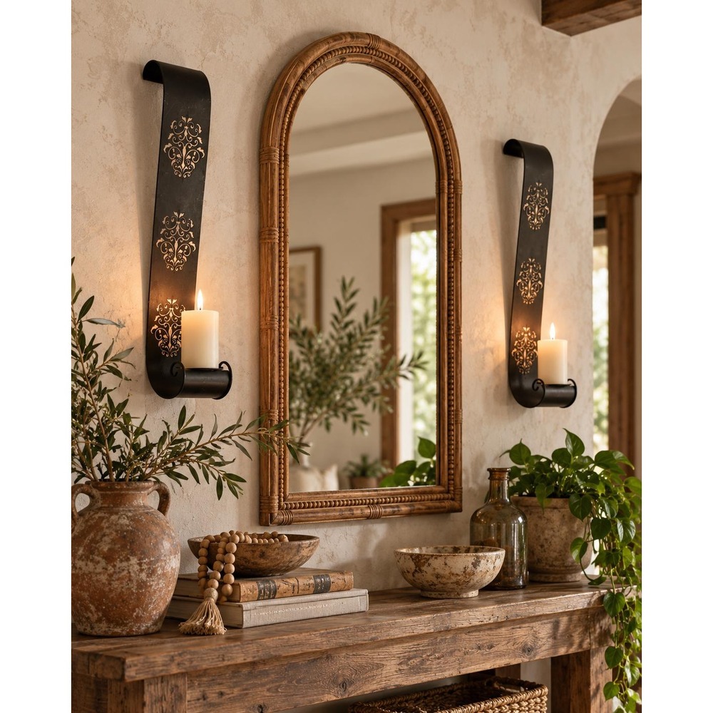 Vintage Pair 27" Black Metal Wall Candle Sconces French Country Scroll